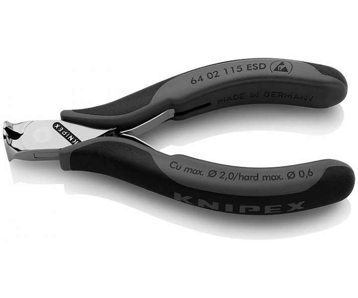 Кусачки торцевые для электроники ESD, маленькая фаска, 115 мм, 2-комп антистатические ручки Knipex KN-6402115ESD